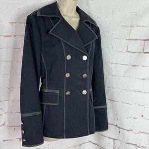 ST. JOHN Sport M Nautical Double Breasted Navy Cotton Blend Blazer Silver Button